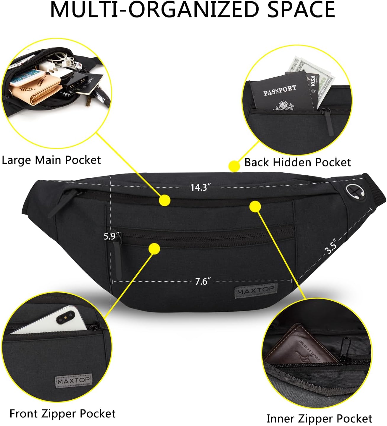 Large Crossbody Fanny Pack with 4-Zipper Pockets,Gifts for Enjoy Sports Festival Workout Traveling Running Casual Hands-Free Wallets Waist Pack Phone Bag Carrying All Phones - Image 3
